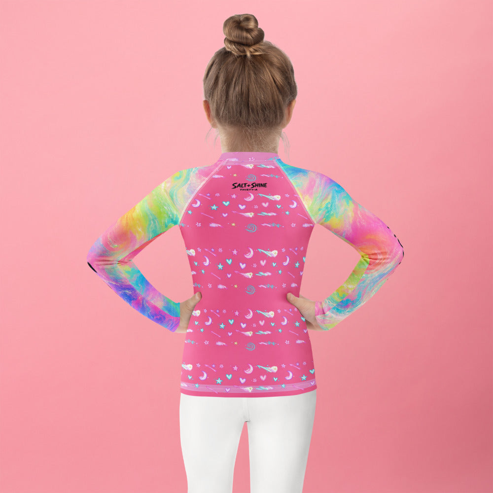 Rainbow Unicorn Dreams kids rash guard UPF 50+ long sleeve