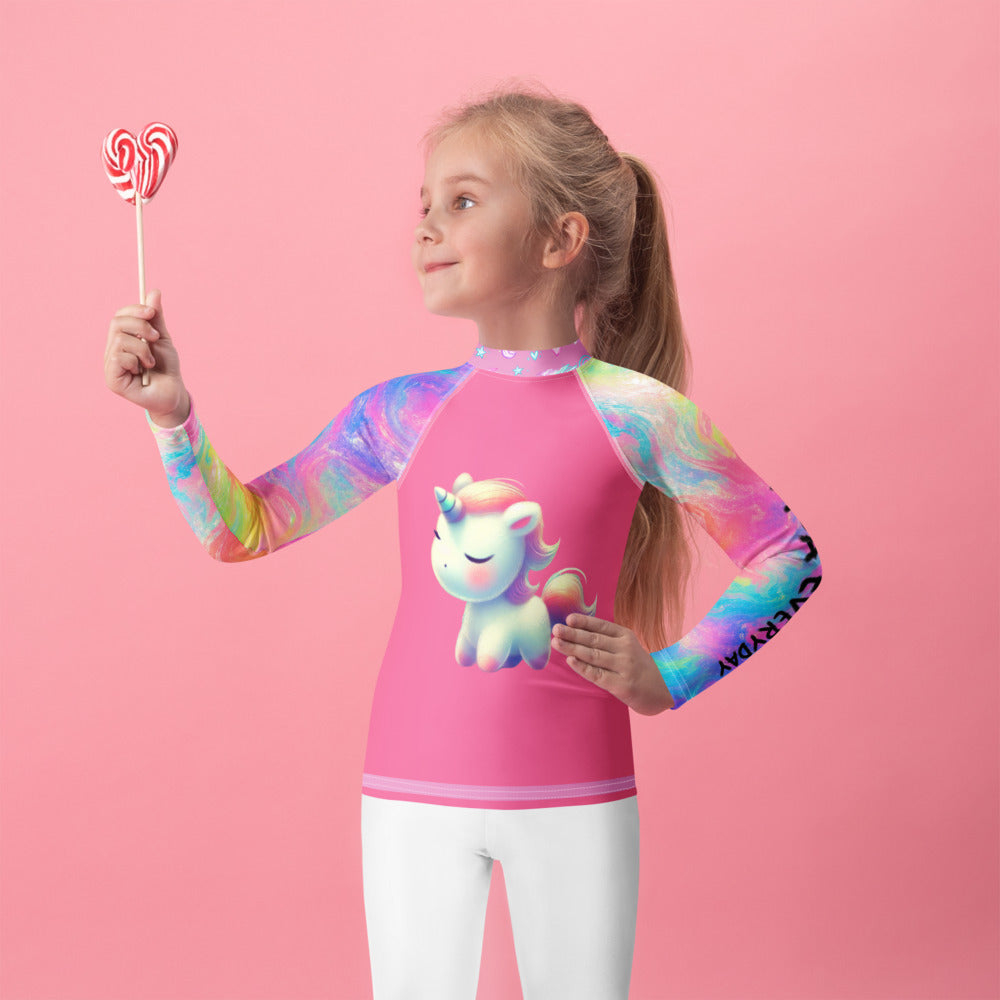 Rainbow Unicorn Dreams kids rash guard UPF 50+ long sleeve