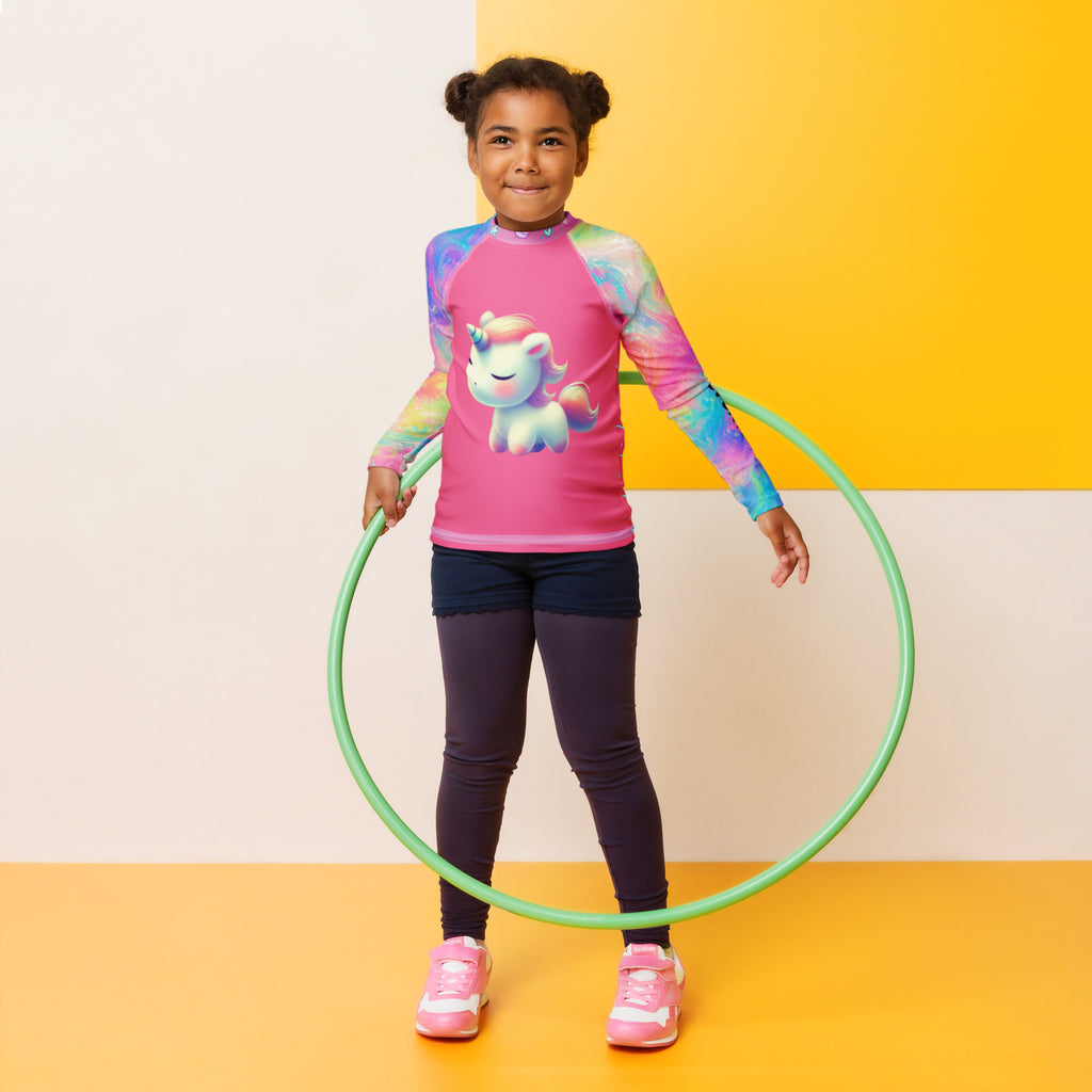 Product Rainbow Unicorn Dreams kids rash guard UPF 50+ long sleeve
mockup